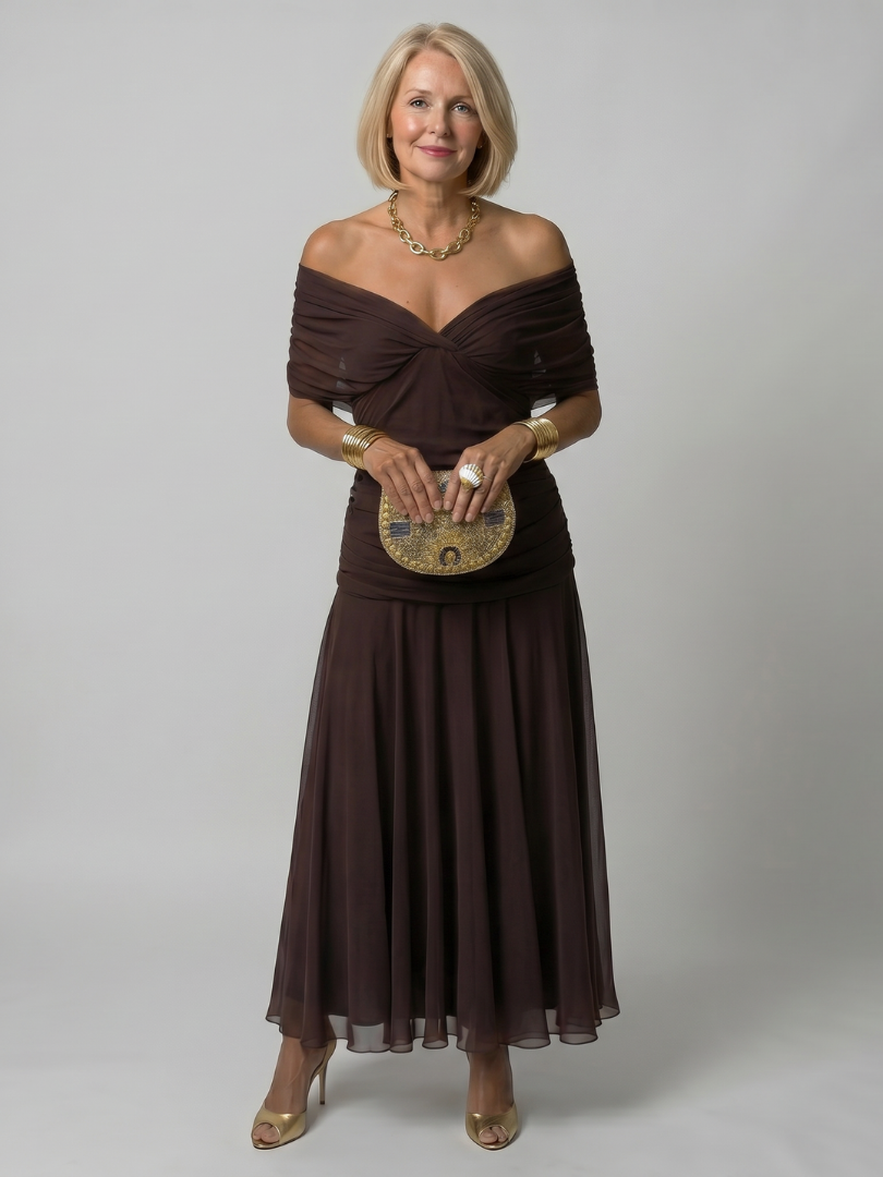 Calen | Robe Midi Décontractée à Epaule Dénudée