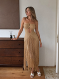Zampa | Robe Maxi à Dos Nu en Crochet avec Franges