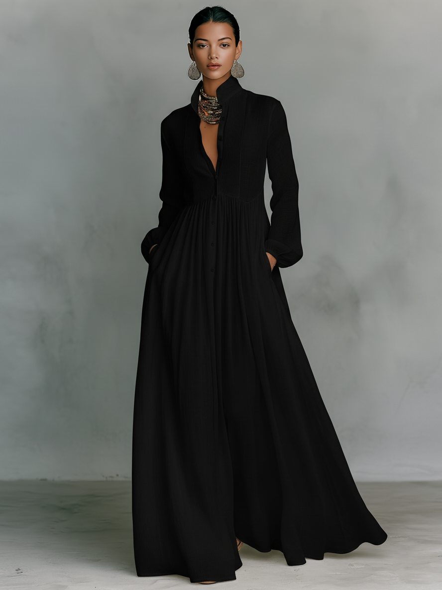Robe maxi en coton et lin minimaliste pour femmes, à col montant et à boutonnage simple, à manches longues
