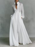 Robe maxi en coton et lin minimaliste pour femmes, à col montant et à boutonnage simple, à manches longues