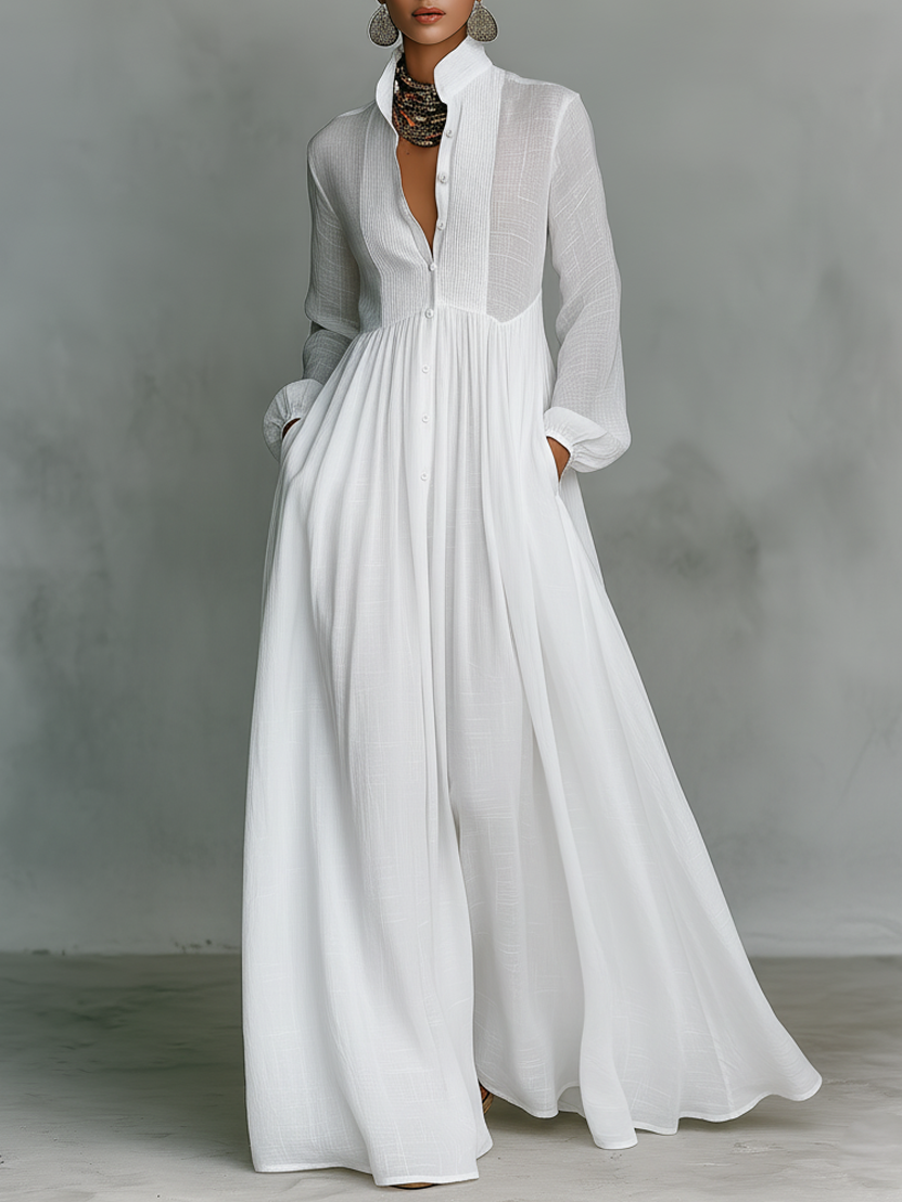 Robe maxi en coton et lin minimaliste pour femmes, à col montant et à boutonnage simple, à manches longues