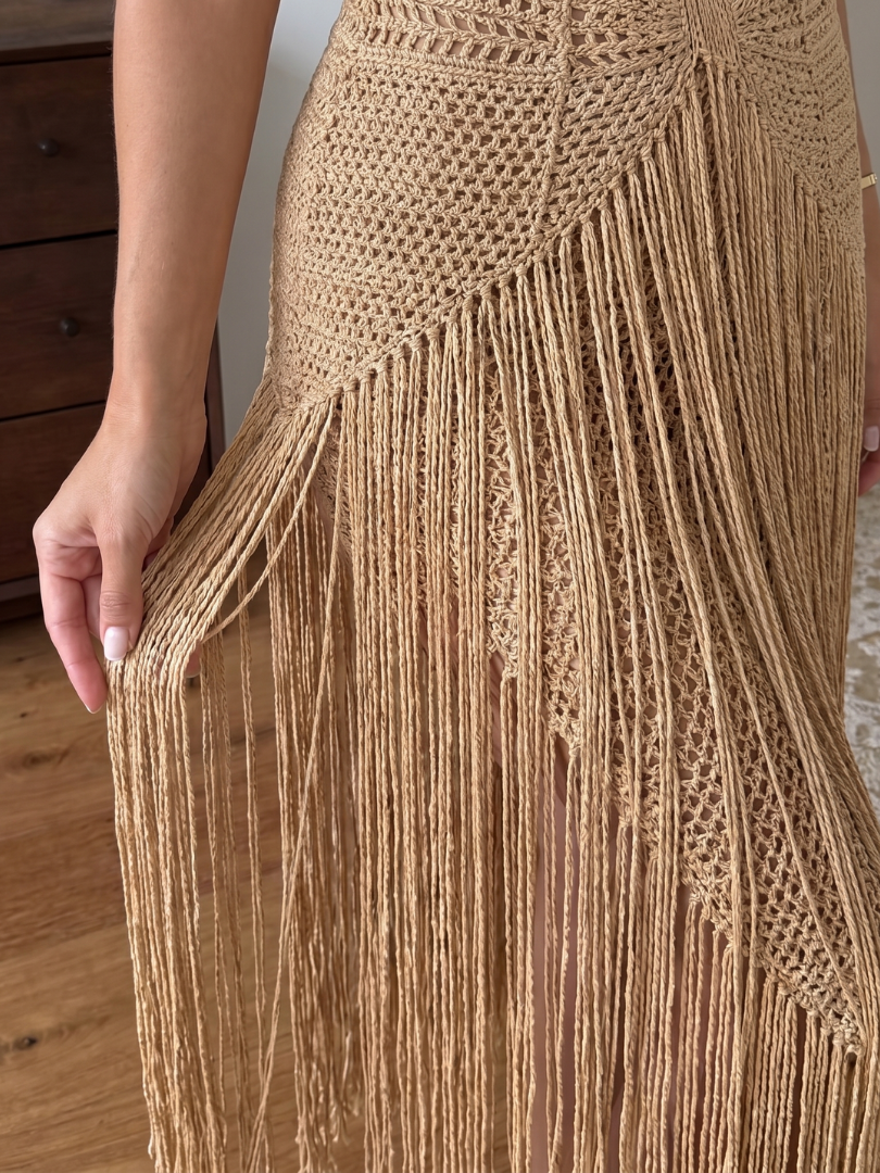 Zampa | Robe Maxi à Dos Nu en Crochet avec Franges