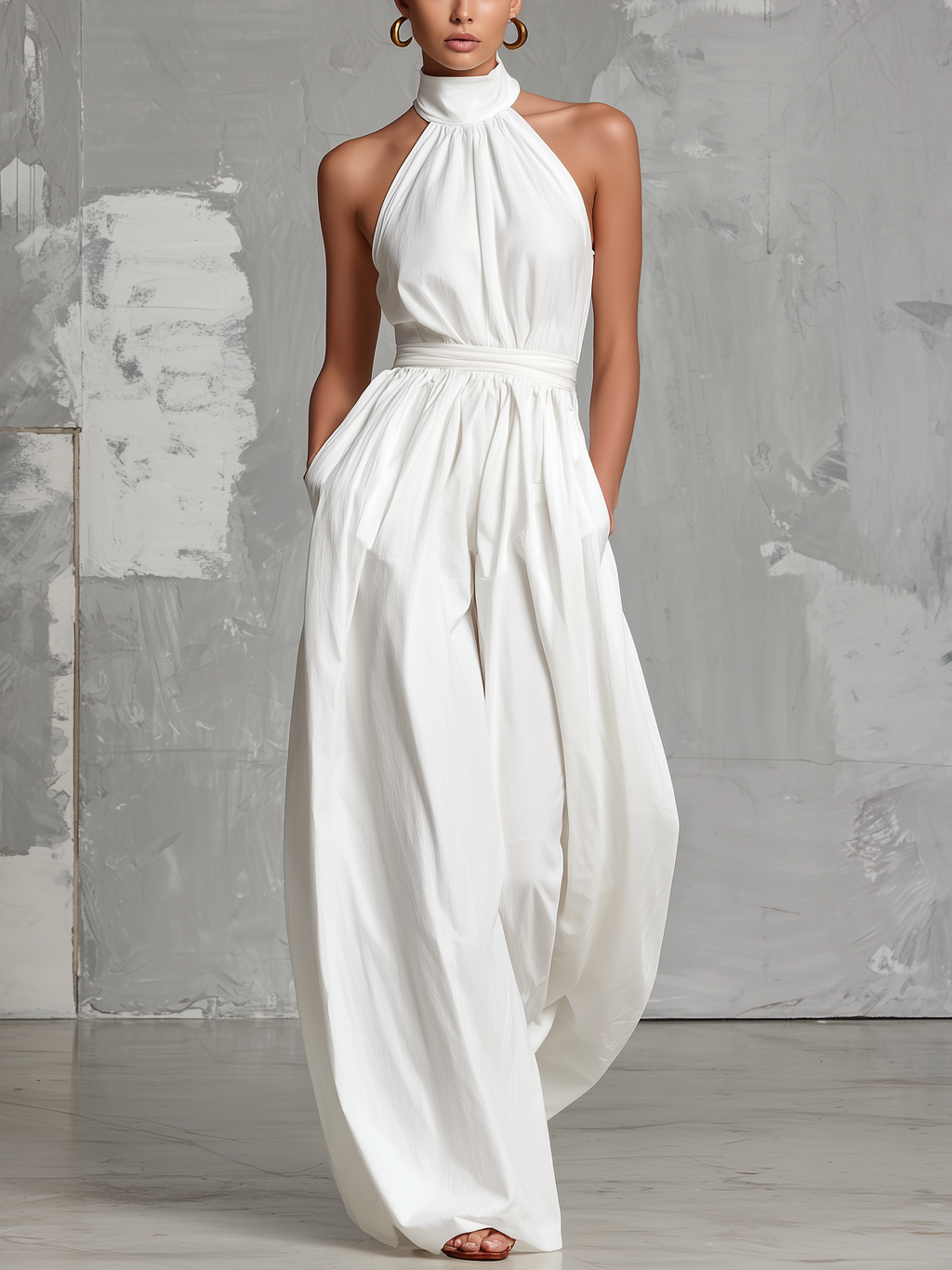 Combinaison Élégante Blanche Tissée à Col Halter