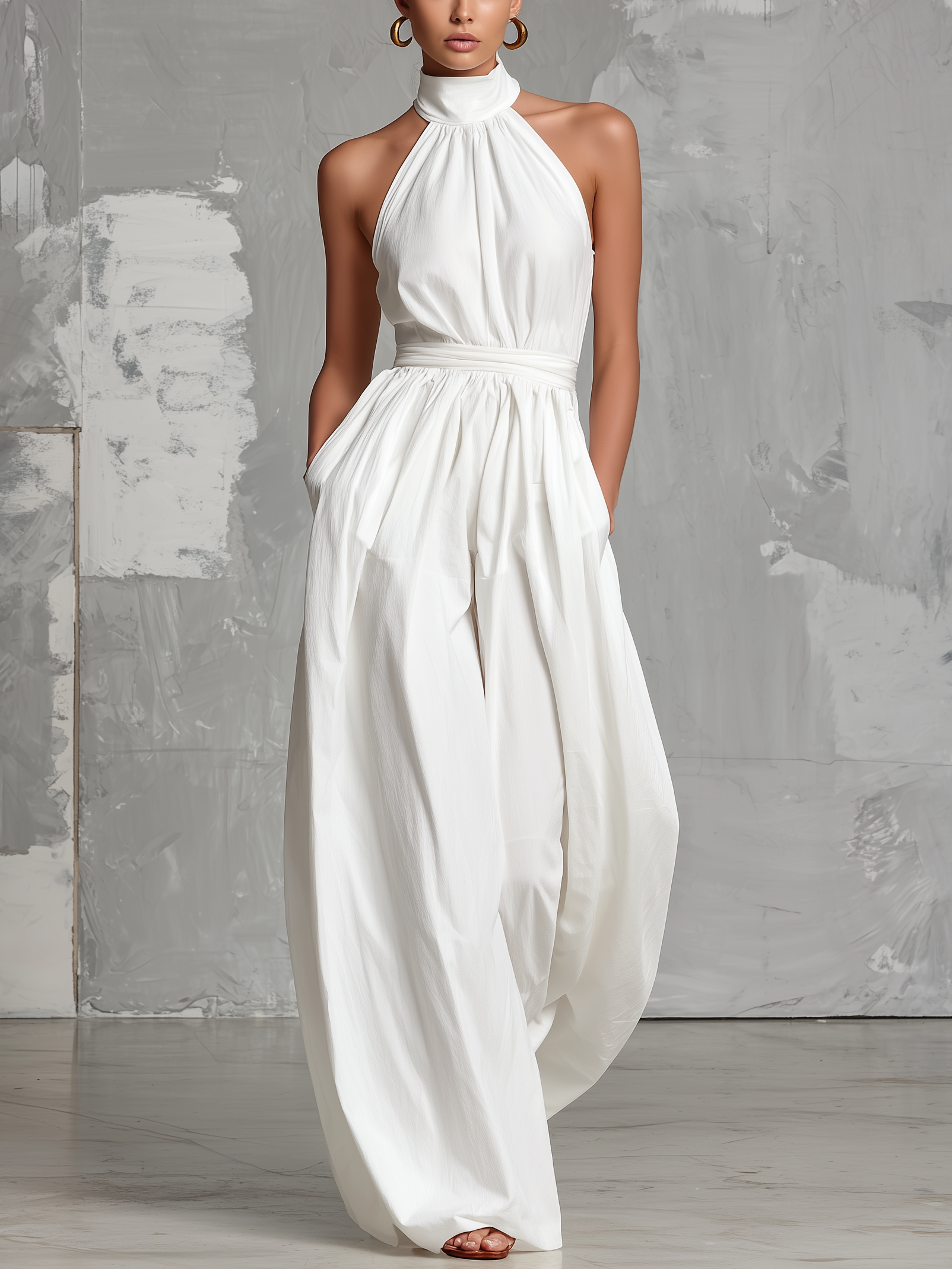 Combinaison Élégante Blanche Tissée à Col Halter