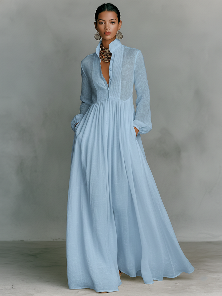 Robe maxi en coton et lin minimaliste pour femmes, à col montant et à boutonnage simple, à manches longues