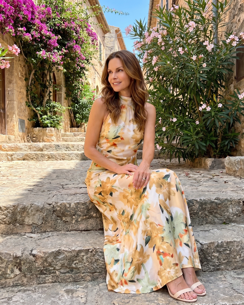 Cekel | Robe Midi Flottante à Imprimé Botanique avec Décolleté Halter