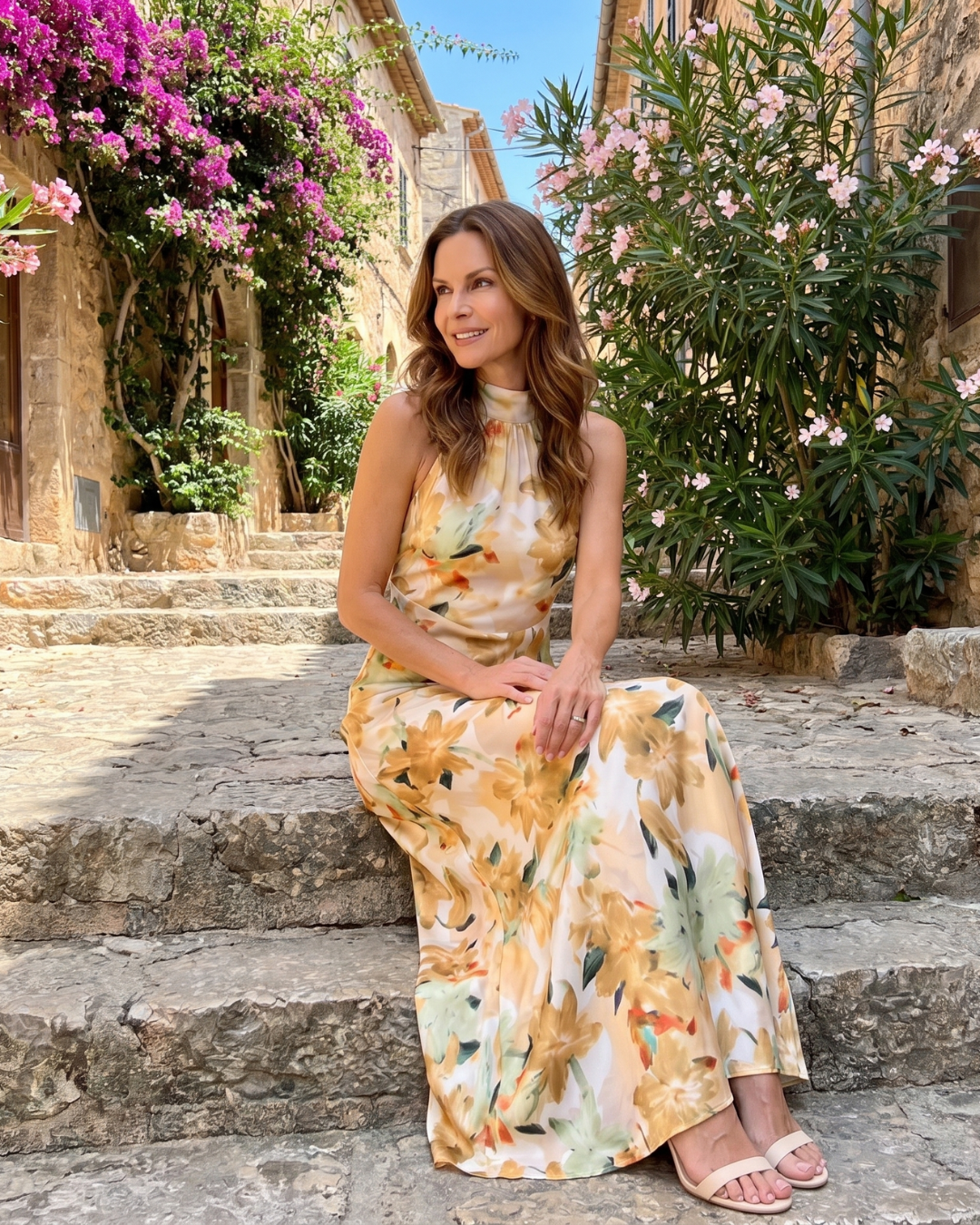 Cekel | Robe Midi Flottante à Imprimé Botanique avec Décolleté Halter