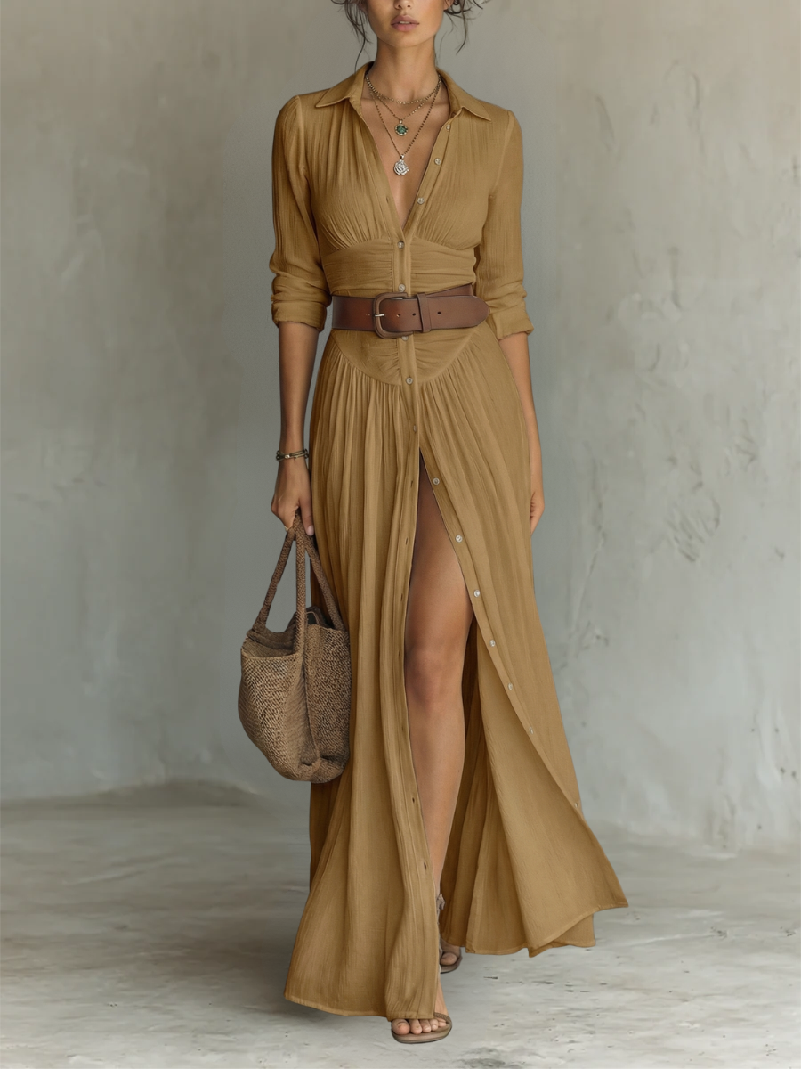 Juliette | Robe Maxi Col Revers à Manches Longues