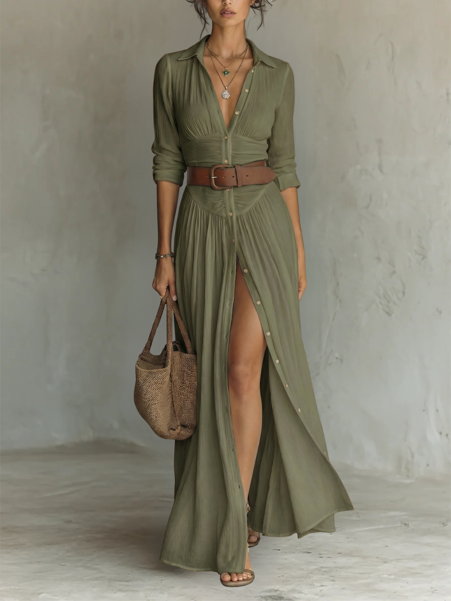 Juliette | Robe Maxi Col Revers à Manches Longues