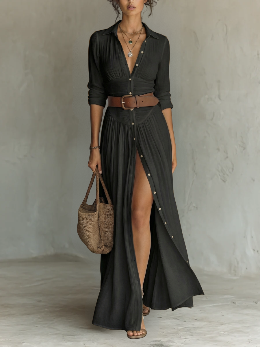 Juliette | Robe Maxi Col Revers à Manches Longues