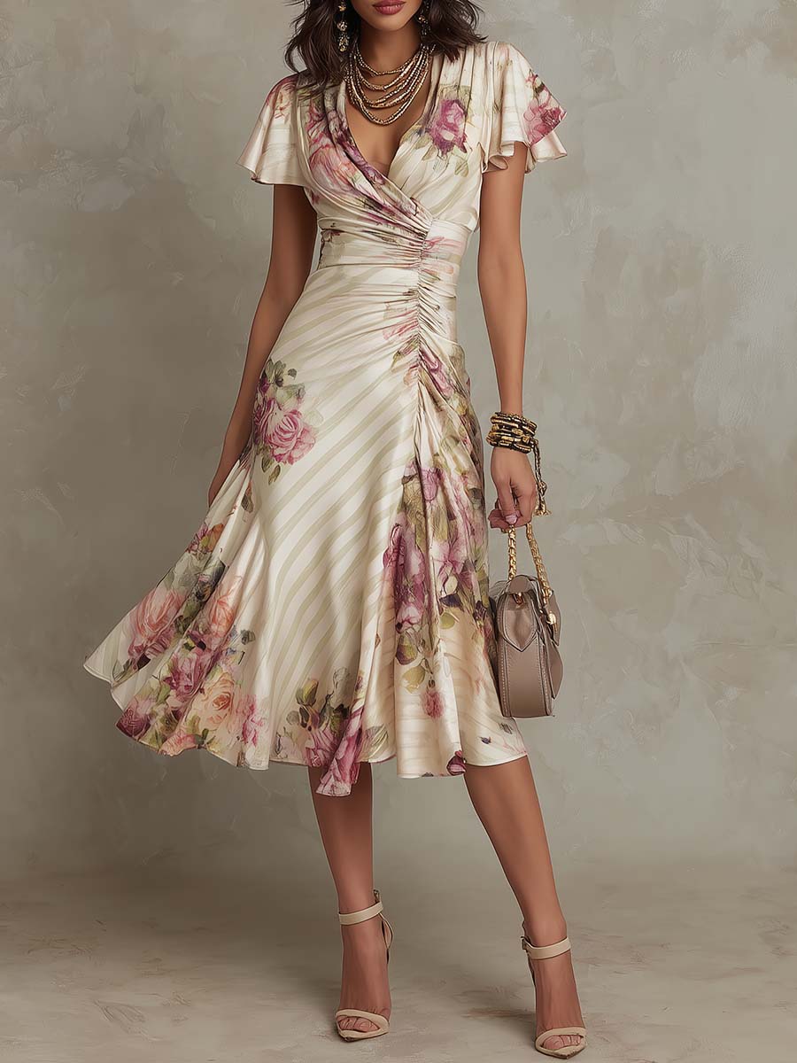 Alba™ | Robe midi en satin élégante de style rétro avec motif floral