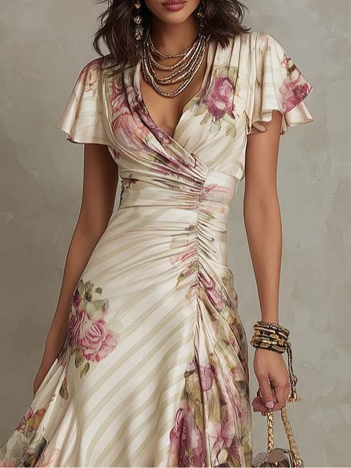 Alba™ | Robe midi en satin élégante de style rétro avec motif floral