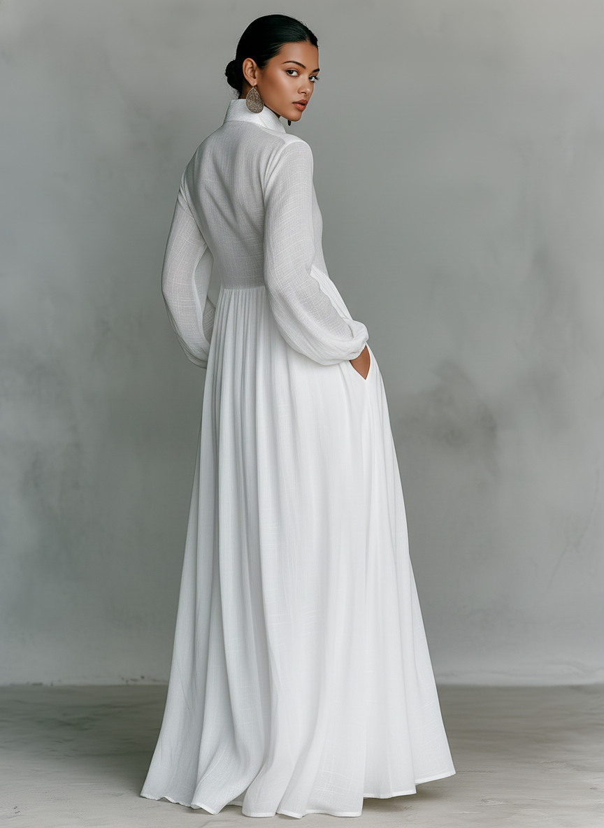 Robe maxi en coton et lin minimaliste pour femmes, à col montant et à boutonnage simple, à manches longues