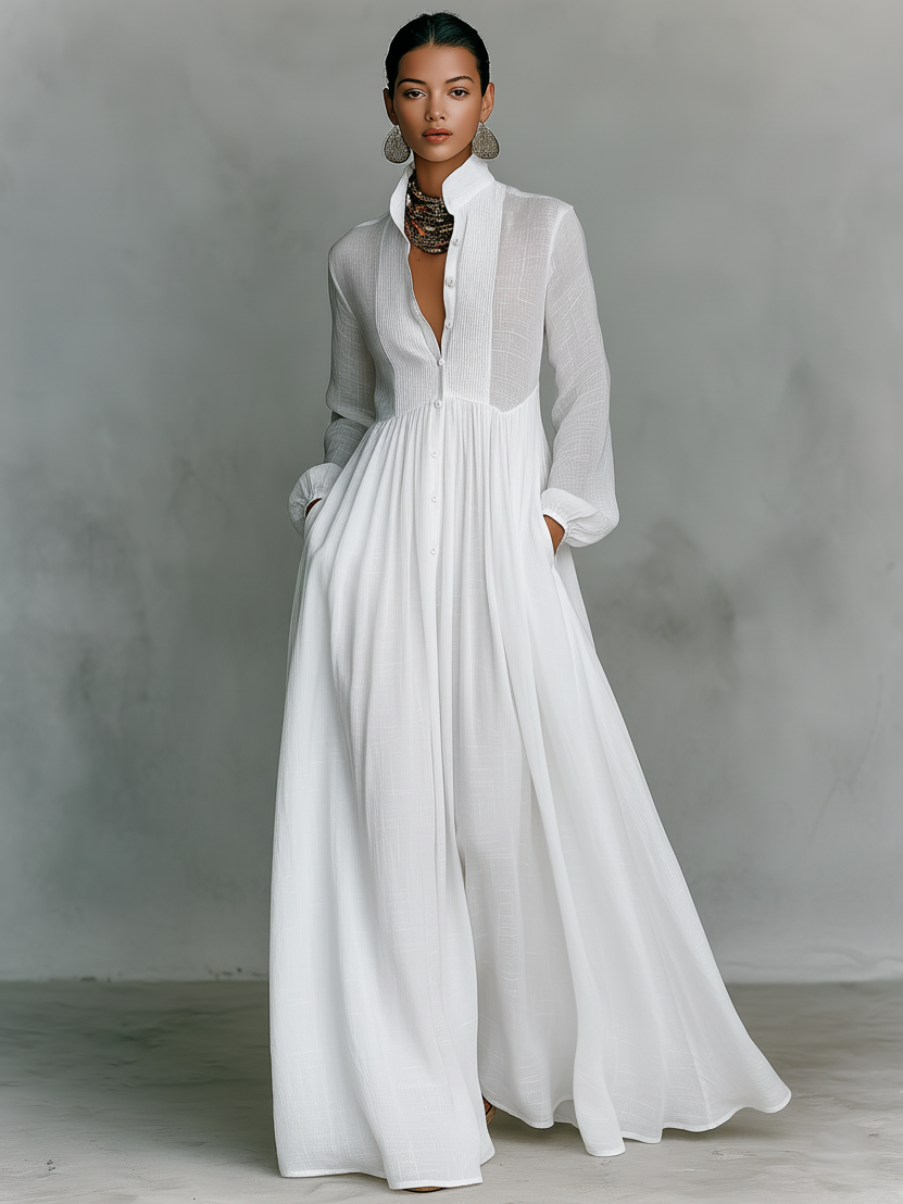 Robe maxi en coton et lin minimaliste pour femmes, à col montant et à boutonnage simple, à manches longues