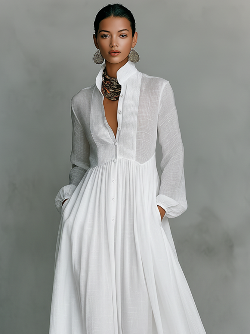 Robe maxi en coton et lin minimaliste pour femmes, à col montant et à boutonnage simple, à manches longues