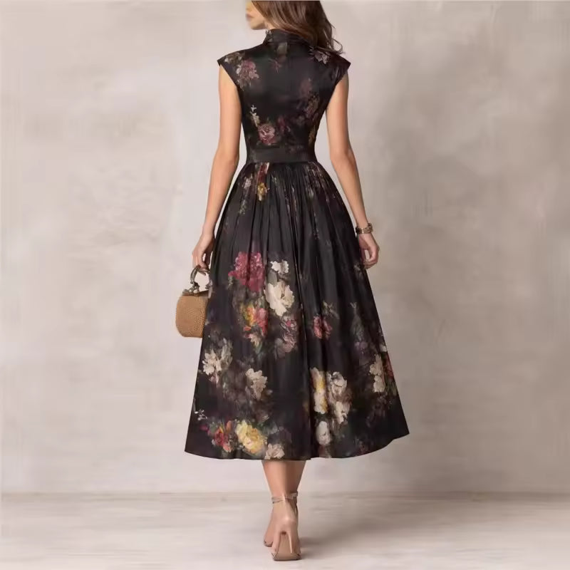 Robe Midi Florale Col Mao — Noir Élégance