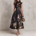 Robe Midi Florale Col Mao — Noir Élégance