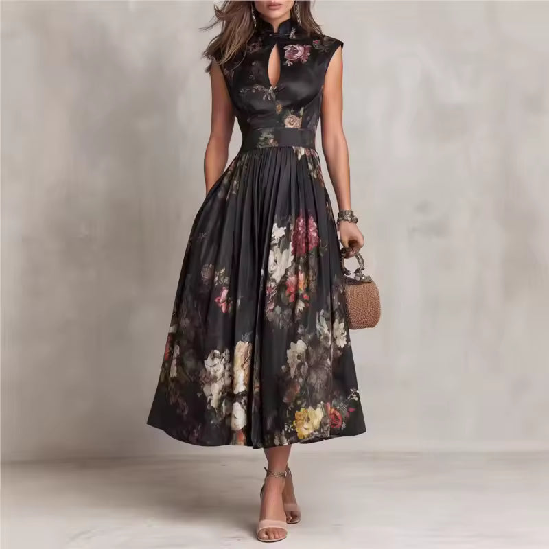 Robe Midi Florale Col Mao — Noir Élégance
