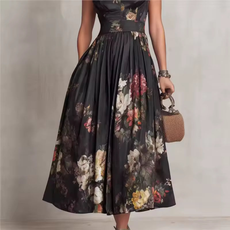 Robe Midi Florale Col Mao — Noir Élégance