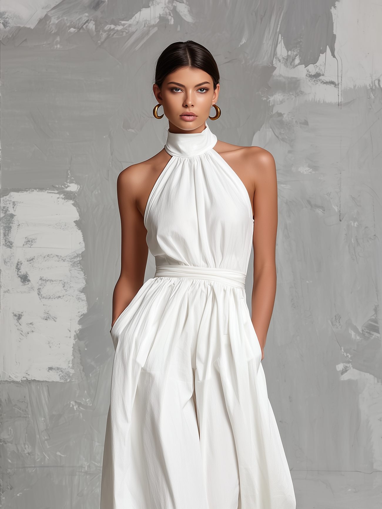 Combinaison Élégante Blanche Tissée à Col Halter