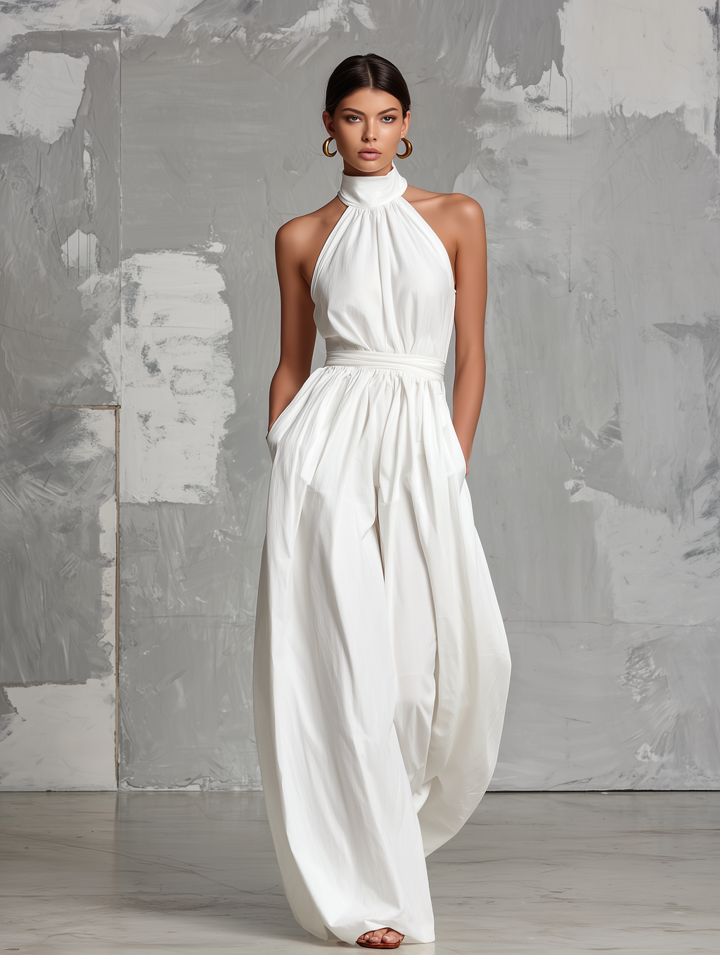 Combinaison Élégante Blanche Tissée à Col Halter