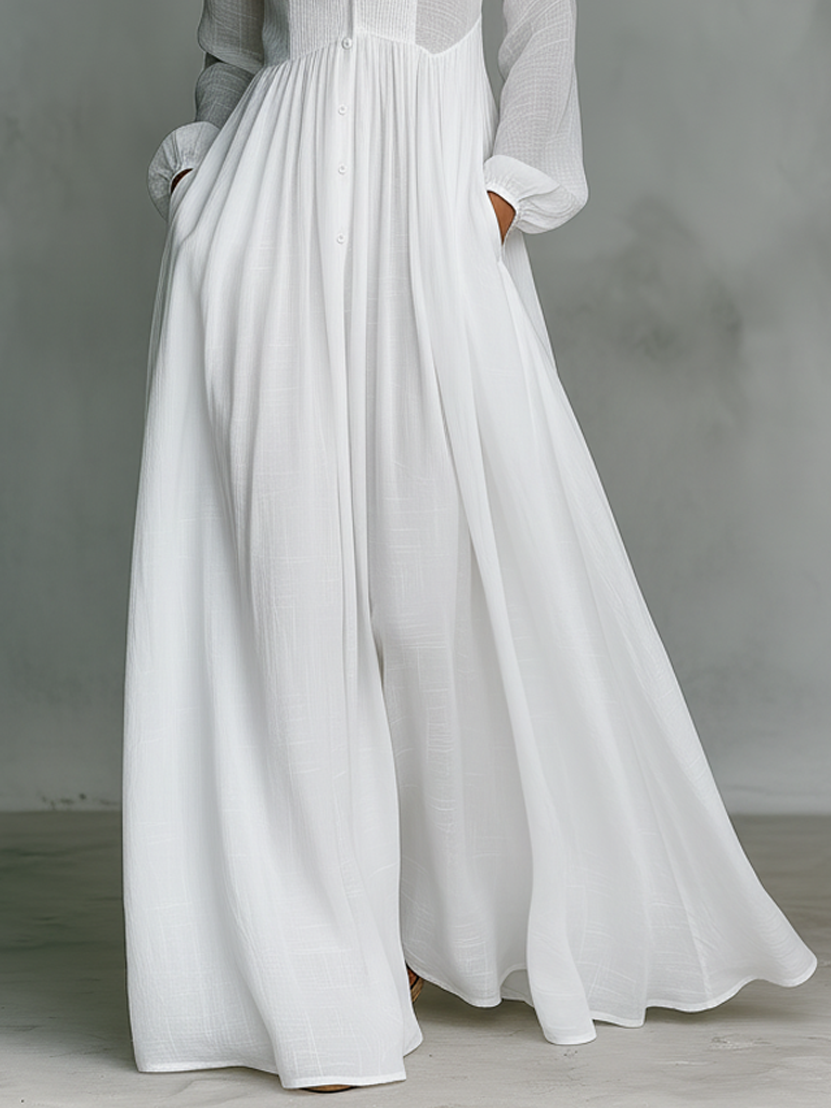 Robe maxi en coton et lin minimaliste pour femmes, à col montant et à boutonnage simple, à manches longues
