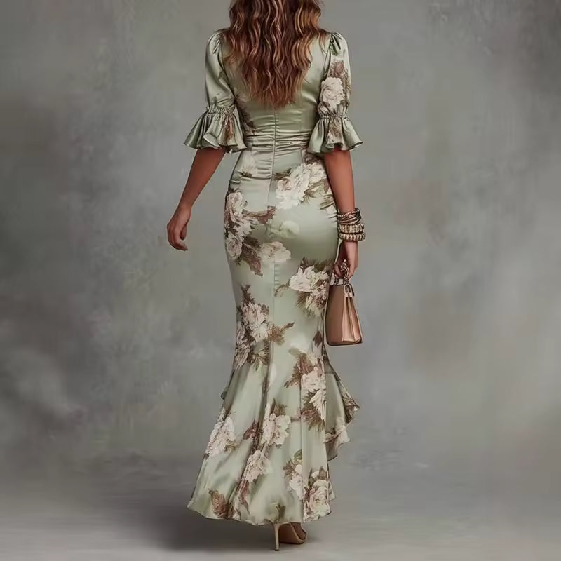 Robe Maxi Florale Asymétrique — Vert Sauge à Volants