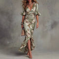 Robe Maxi Florale Asymétrique — Vert Sauge à Volants