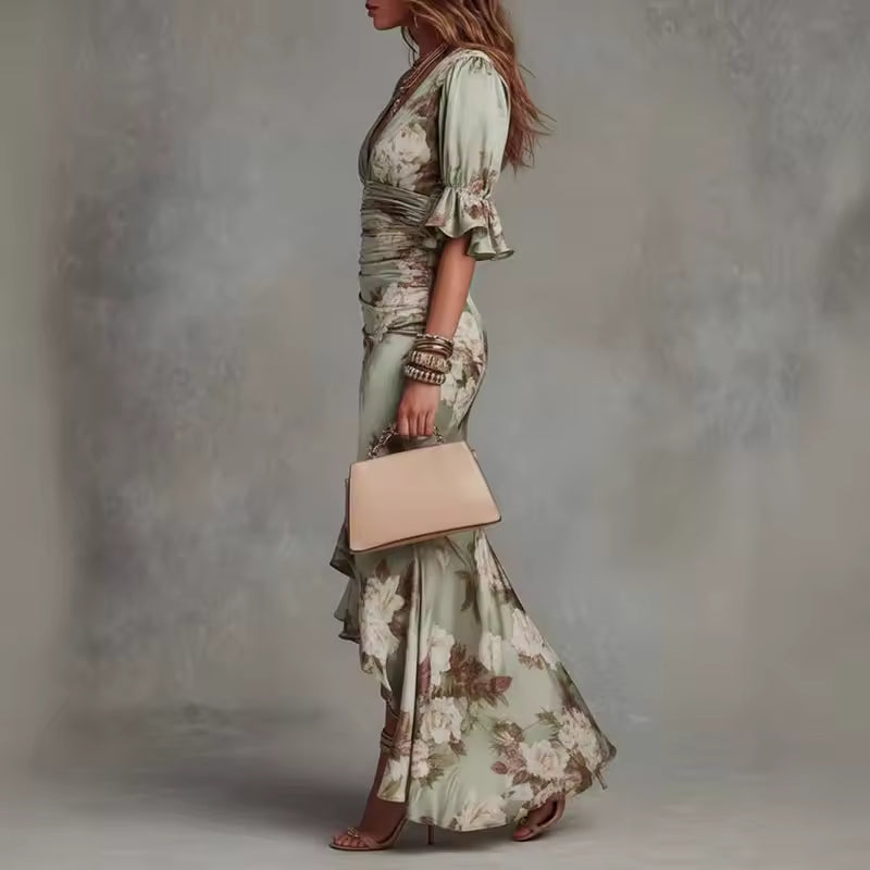 Robe Maxi Florale Asymétrique — Vert Sauge à Volants