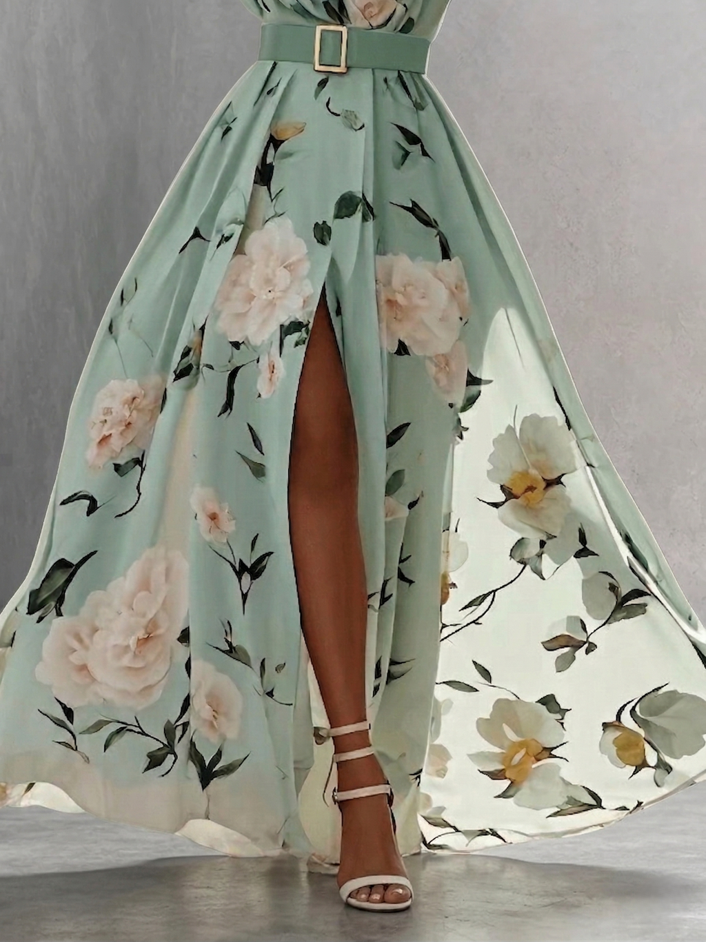 ROBE MAXI FLORALE EN GAZE UN ÉPAULE ET FENTE