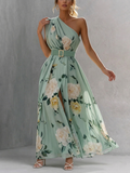 ROBE MAXI FLORALE EN GAZE UN ÉPAULE ET FENTE